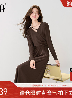 OSA欧莎可露丽棕色V领针织连衣裙女2025秋新款复古气质设计感长裙