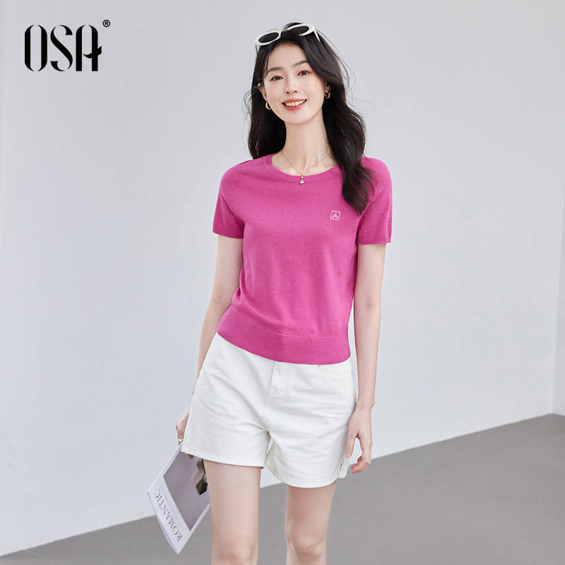 OSA欧莎树莓粉冰丝短袖针织衫毛针织衫