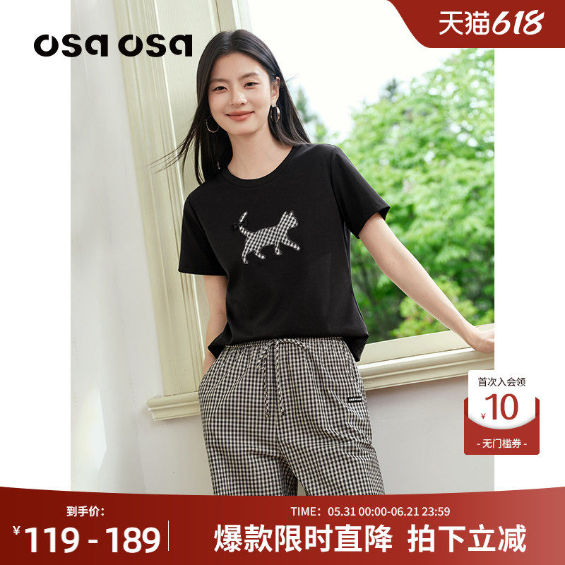 OSA欧莎格纹猫咪贴布短袖T恤女夏季新款黑色减龄百搭正肩圆领上衣