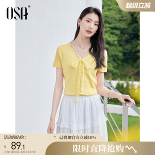 显瘦减龄短袖 OSA欧莎蕾丝花边飘带V领针织小衫 修身 女夏季 上衣 新款