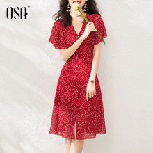 OSA红色v领雪纺连衣裙女夏季2020新款中长款气质收腰显瘦碎花裙子