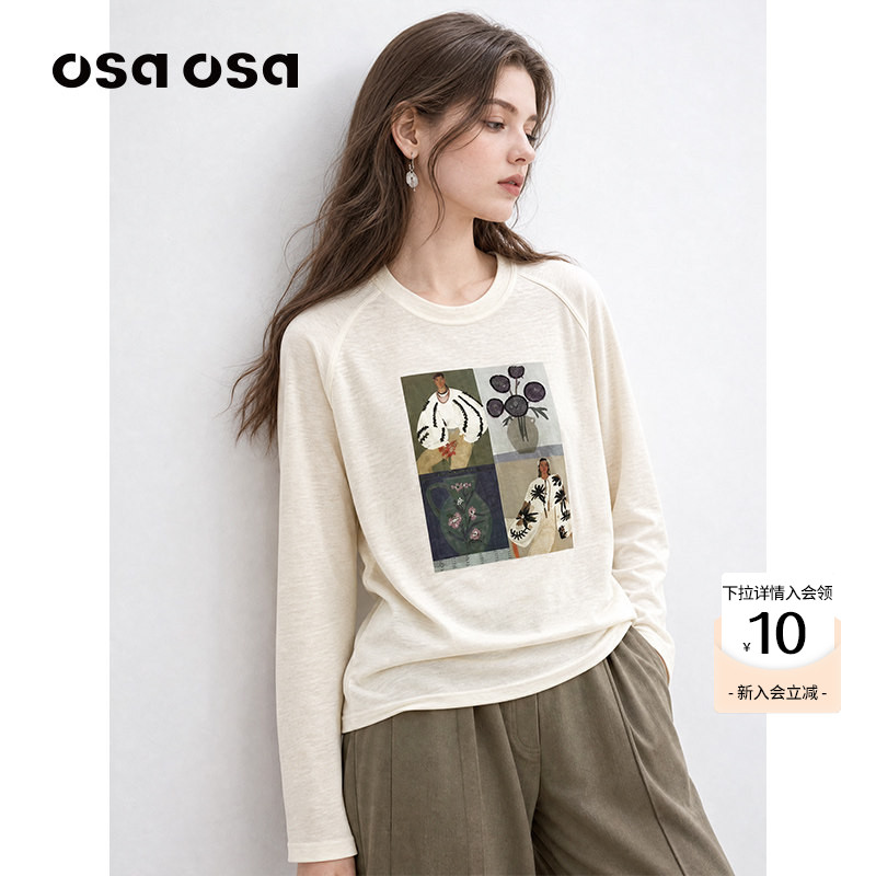OSA法式艺术印花插肩袖T恤上衣图片
