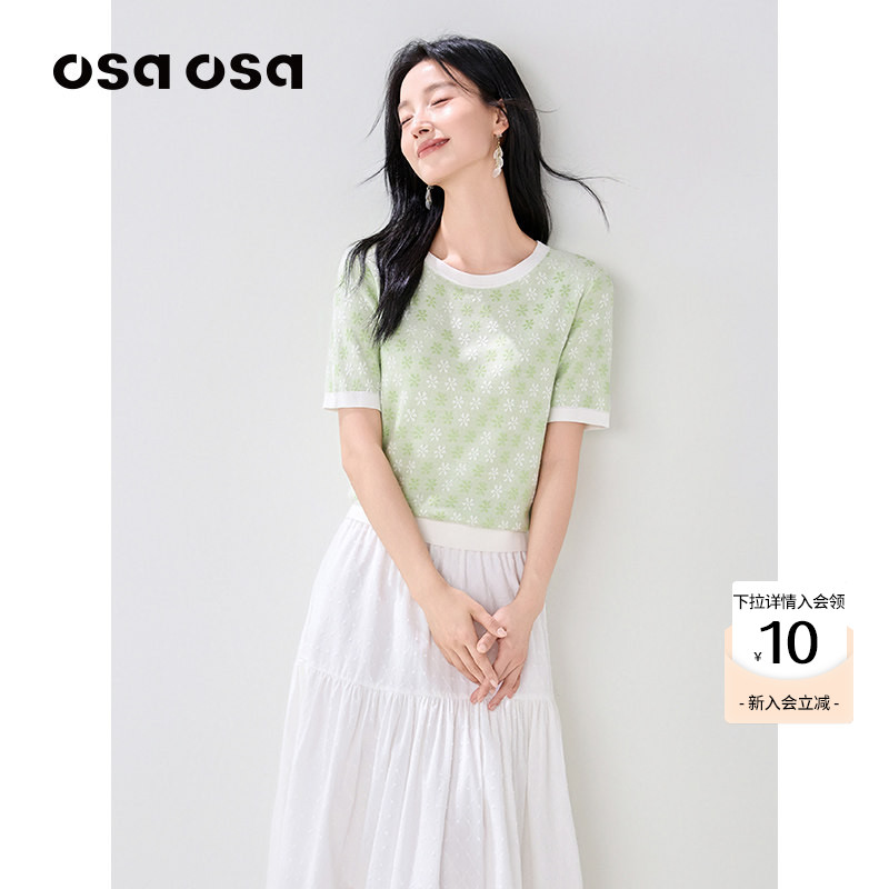 OSA薄荷绿提花短袖针织毛衫上衣图片