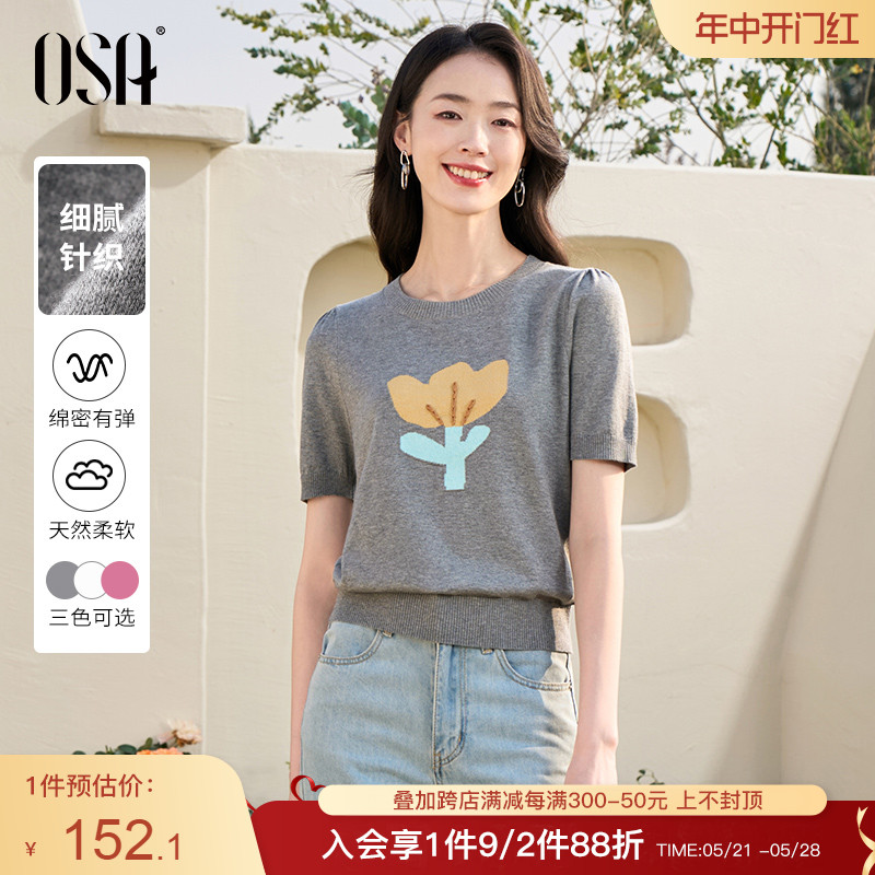 OSA欧莎灰色薄款针织T恤女短袖2024夏季圆领休闲百搭上衣短款小衫-封面