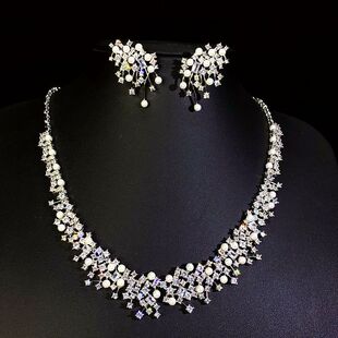 2024清洁金属璀璨星云镶珍珠项链女欧美奢华耳钉拼接满锆结颈链