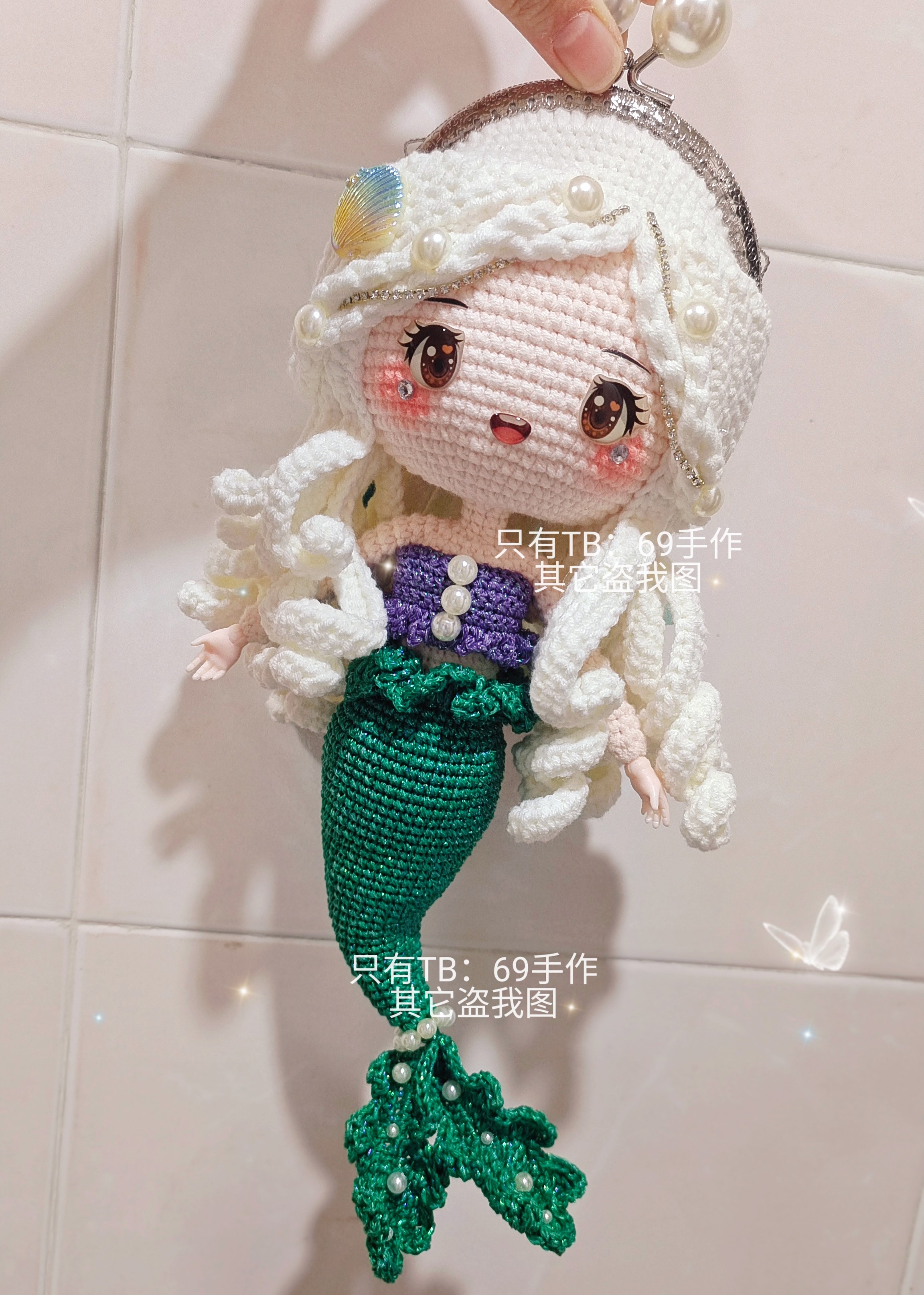 手工毛线爱丽儿美人鱼斜挎口金包