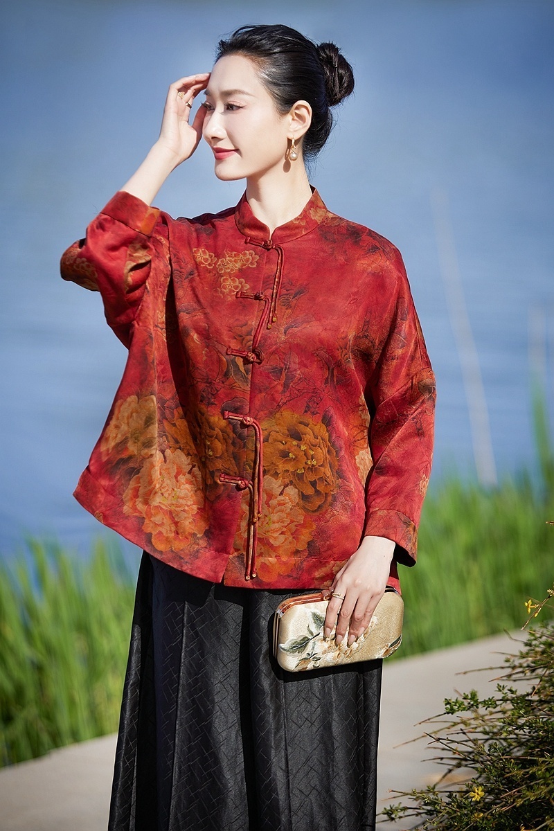 新中式*福利*100%桑蚕丝香云纱提花缎 加大版 妈妈开衫上衣/外套