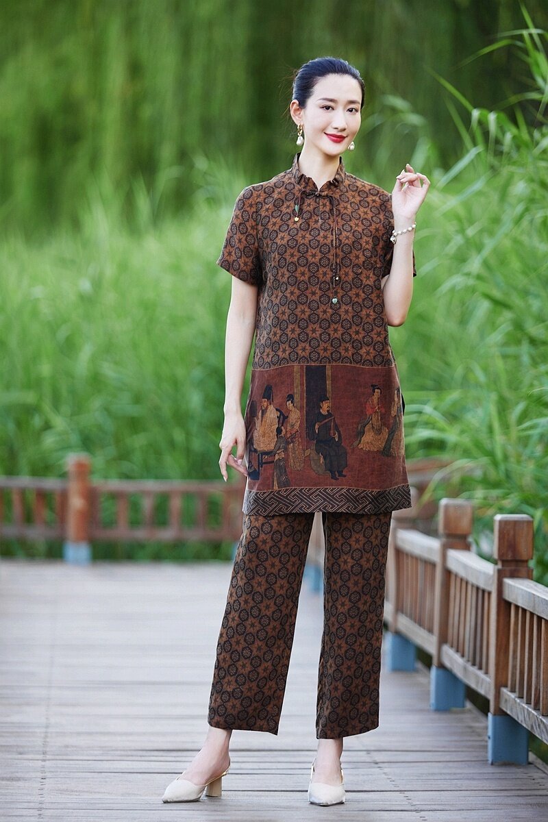 仕女图*红灯笼专柜*100%桑蚕丝香云纱重磅缎 套装(长上衣+直筒裤)