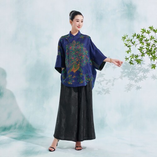 定位孔雀*新中式*100%桑蚕丝香云纱重磅提花缎 贵气 加大版 上衣