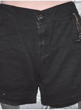 腰66-70 中码黑色多拉链饰 翻边休闲牛仔热裤短裤牛仔裤7389