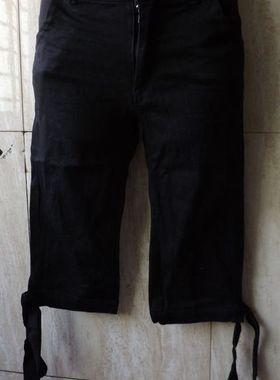 腰61-65CM小码黑色 裤脚绑带饰中腰休闲五分裤仿牛仔裤7571