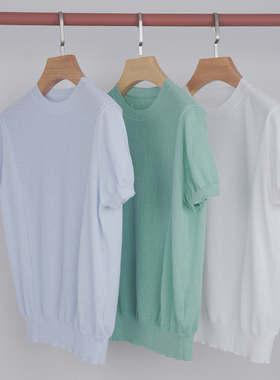 PAMIR女士圆领修身显瘦棉麻短袖针织衫