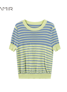 PAMIR春夏新款女圆领精纺羊毛条纹针织衫 HPZ412