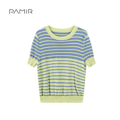 PAMIR春夏新款女圆领精纺羊毛条纹针织衫 HPZ412