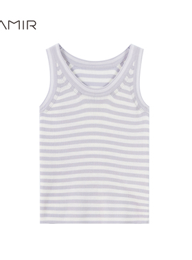 PAMIR春夏新款女圆领精纺羊毛条纹休闲针织吊带背心 PZ429