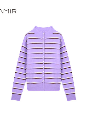 PAMIR秋冬新款拉绒女半高领羊绒条纹针织开衫 LR203