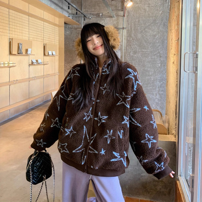 RHGD实拍2025 秋冬复古羊羔绒立领撞色星星宽松休闲韩版外套女