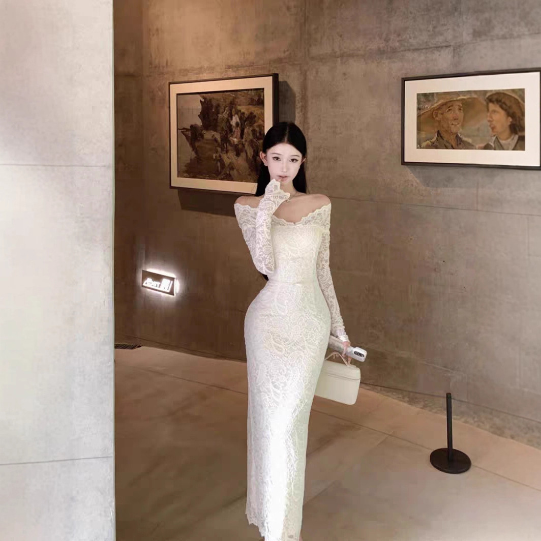 TZ7176一字肩米白色长袖蕾丝连衣裙女气质优雅收腰包臀鱼尾长裙子