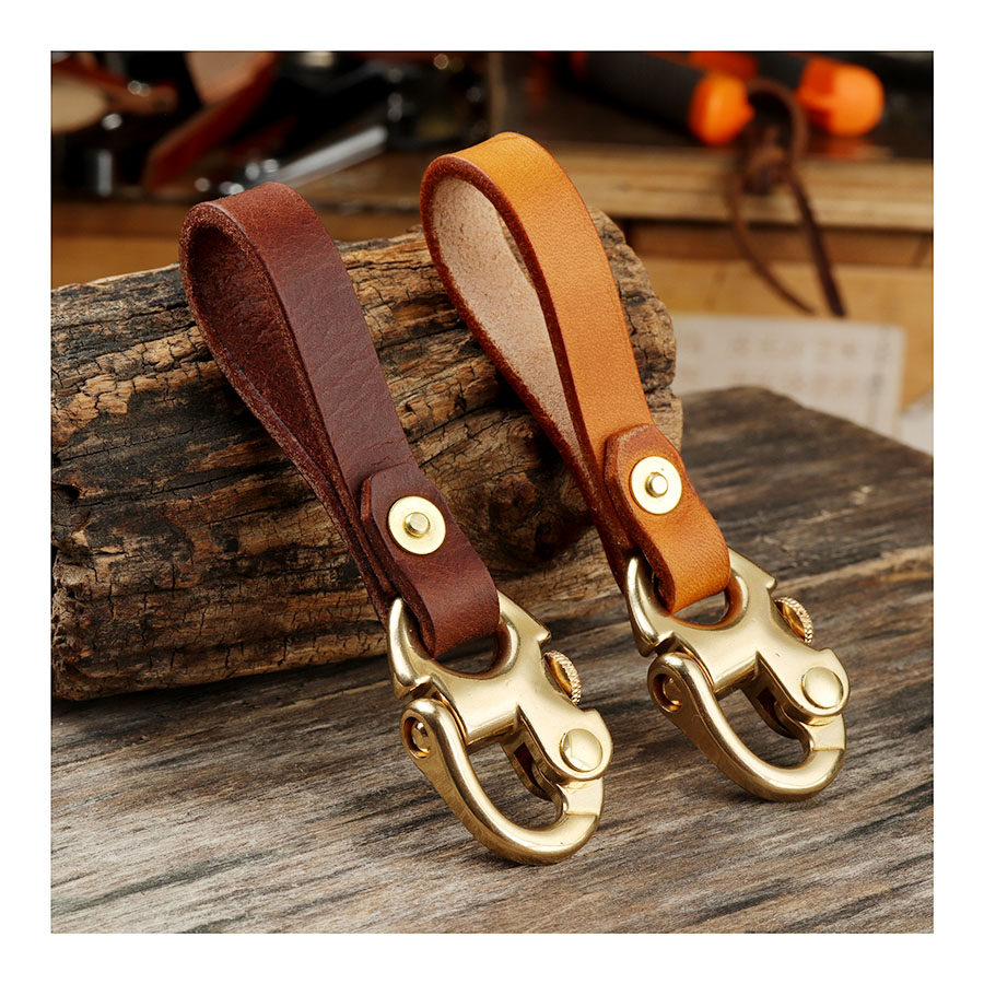 高档男士纯铜钥匙链海军扣个性户外挂钩战术快拆扣手工牛皮挂扣