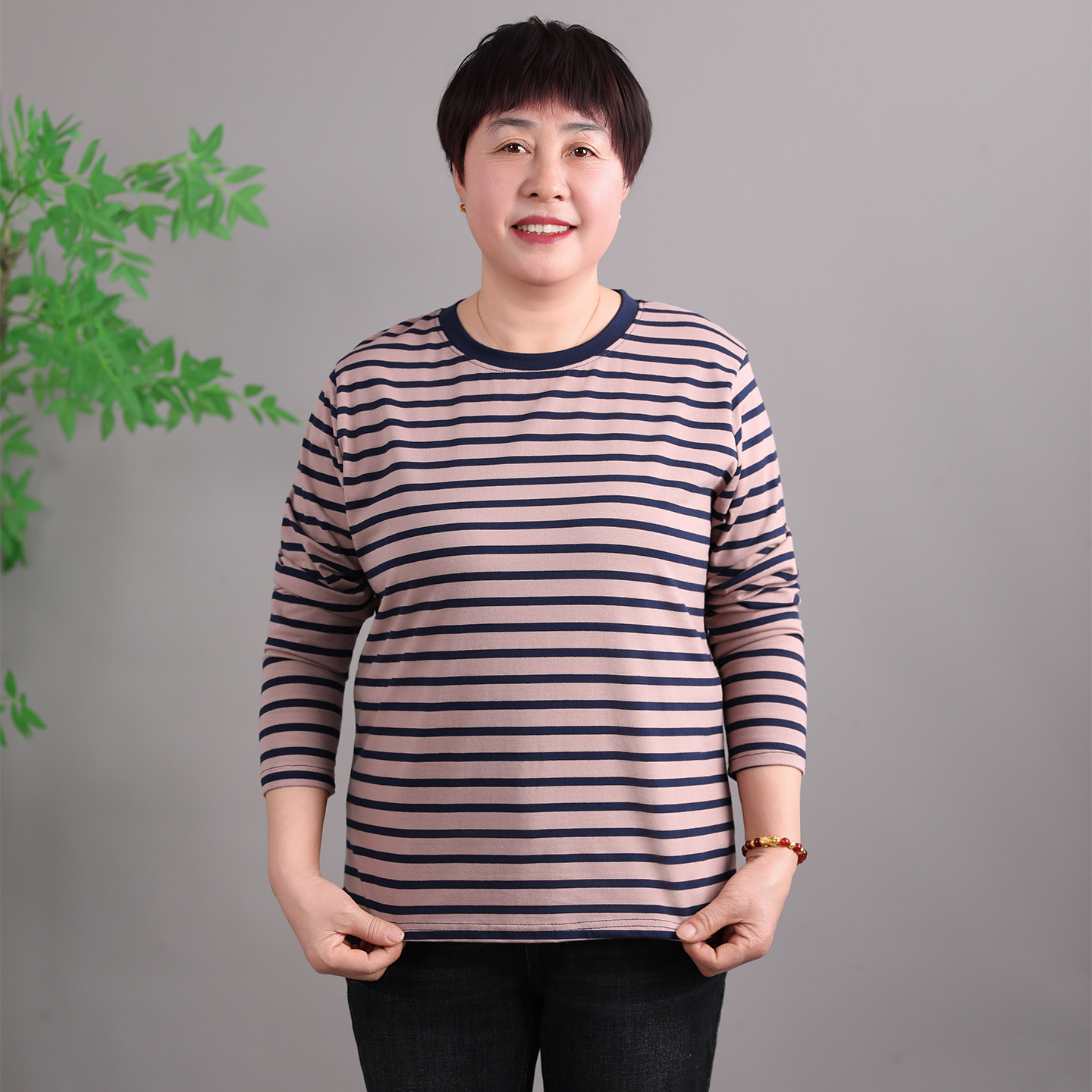 妈妈春装长袖T恤宽松条纹上衣