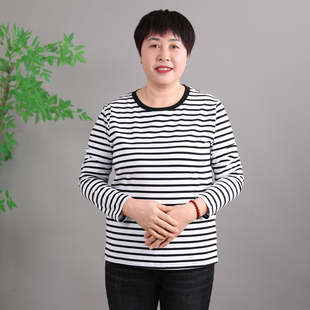 中年妈妈t恤纯棉条纹小衫母亲节夏季薄款中老年人