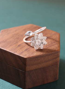 S925银戒指时尚民族复古风莲花花苞开口食指戒指女