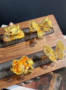 24k意大利拉丝铜镀沙金时尚动物感开口戒国风百搭金店款式戒
