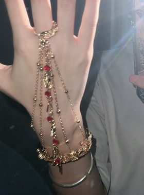 古风汉服旅拍摄影敦煌舞配饰镂空梅花红珠树叶挂坠单指环手镯手环