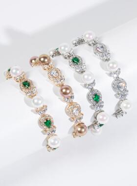 跨境欧美奢华珍珠宝石手链满钻AAA锆石宴会精美配饰新娘手饰