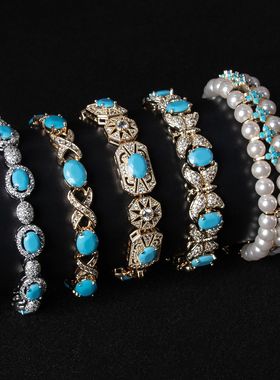 跨境复古宫廷彩宝松石水滴手链手饰 Vintage蓝松石蛋形锆石手链女