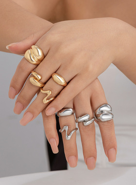 欧美跨境设计感几何Ring小众开口指环食指戒子熔岩金属风弧形戒指