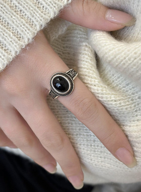 日韩简约戒指新款镶嵌黑玛瑙斜纹麻花时尚小众设计感复古个性指环