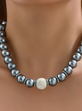 工厂欧美风仿珍珠项链个性镶嵌锆石气质深灰色锁骨链百搭链条