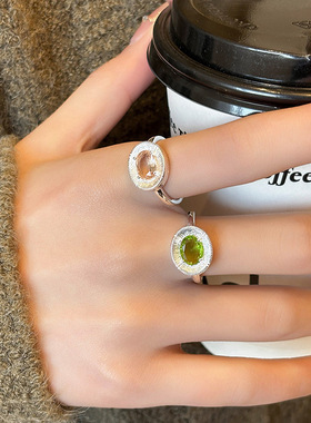 日韩简约橄榄绿锆石拉丝椭圆戒指女百搭个性质感高级优雅时尚指环