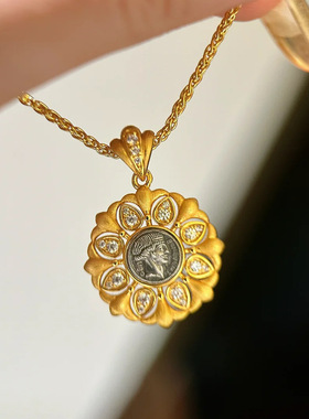 vintage中古风幸运女神古币项链法式复古轻奢时尚简约太阳神吊坠