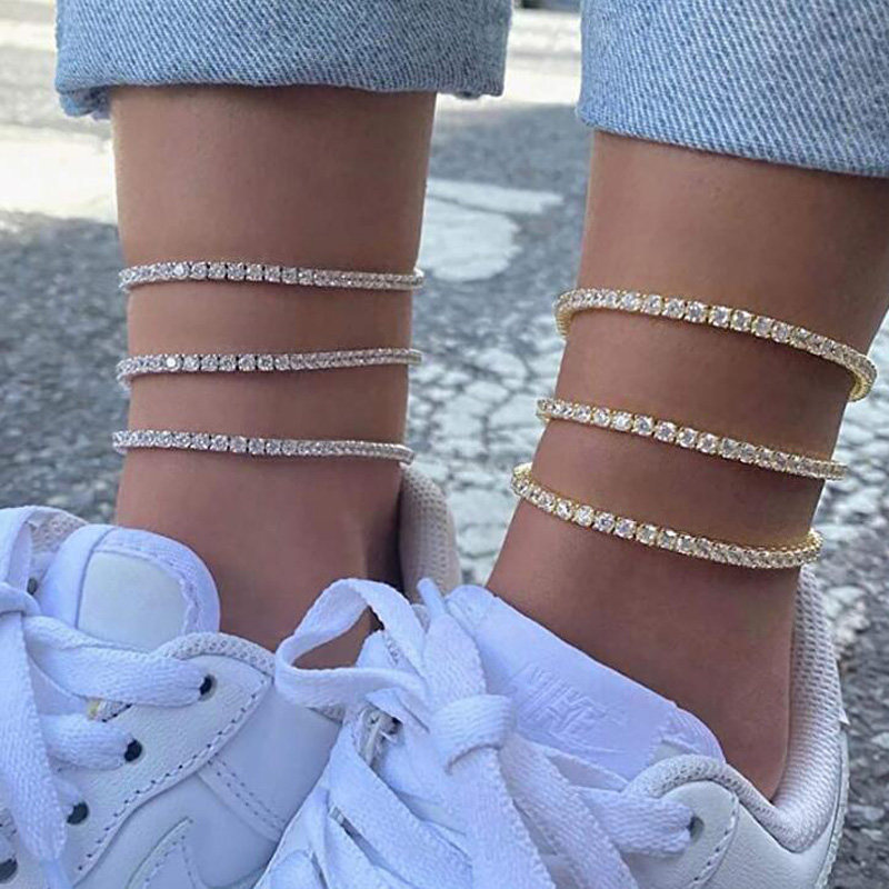 韩国情侣森系个性时尚脚链单排满钻锆石水晶镀14K金色网球链女款