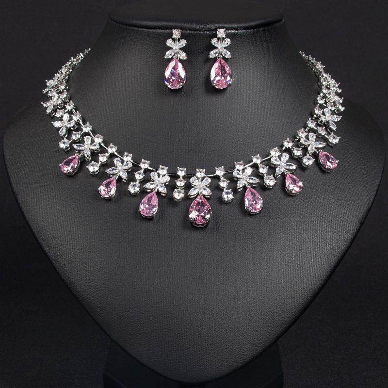 欧美时尚奢华镶满钻水滴锆石彩宝女士项链婚庆新娘首饰套装
