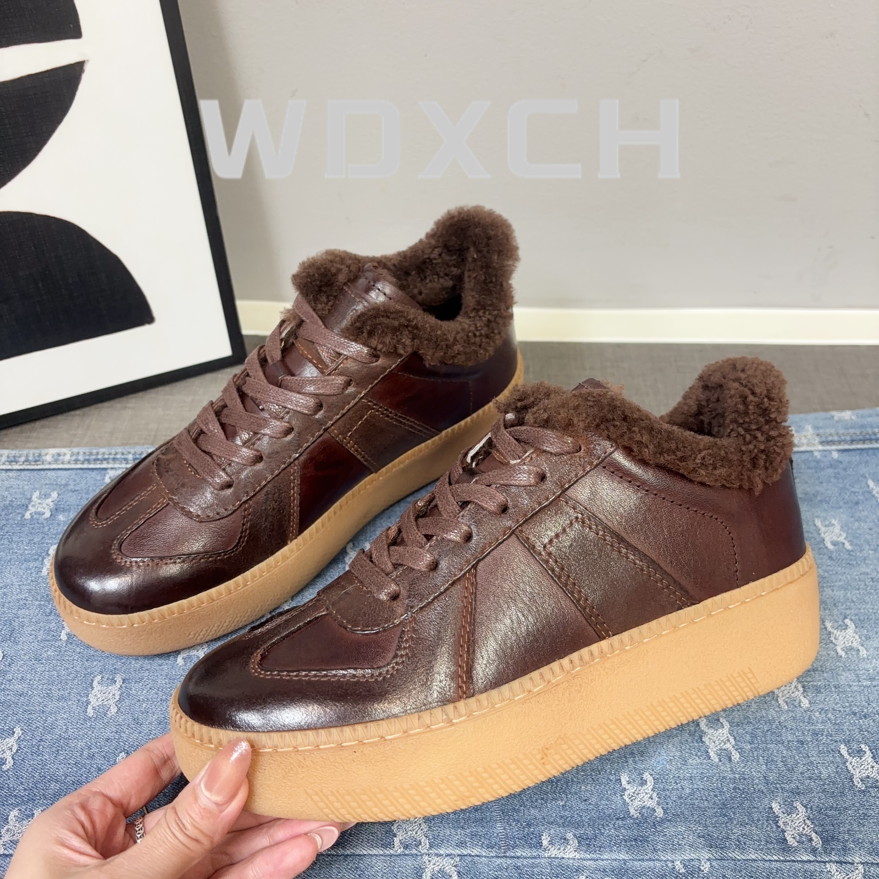 复古马皮加厚保暖平底德训鞋2025秋冬真皮增高厚底咖色运动鞋板鞋