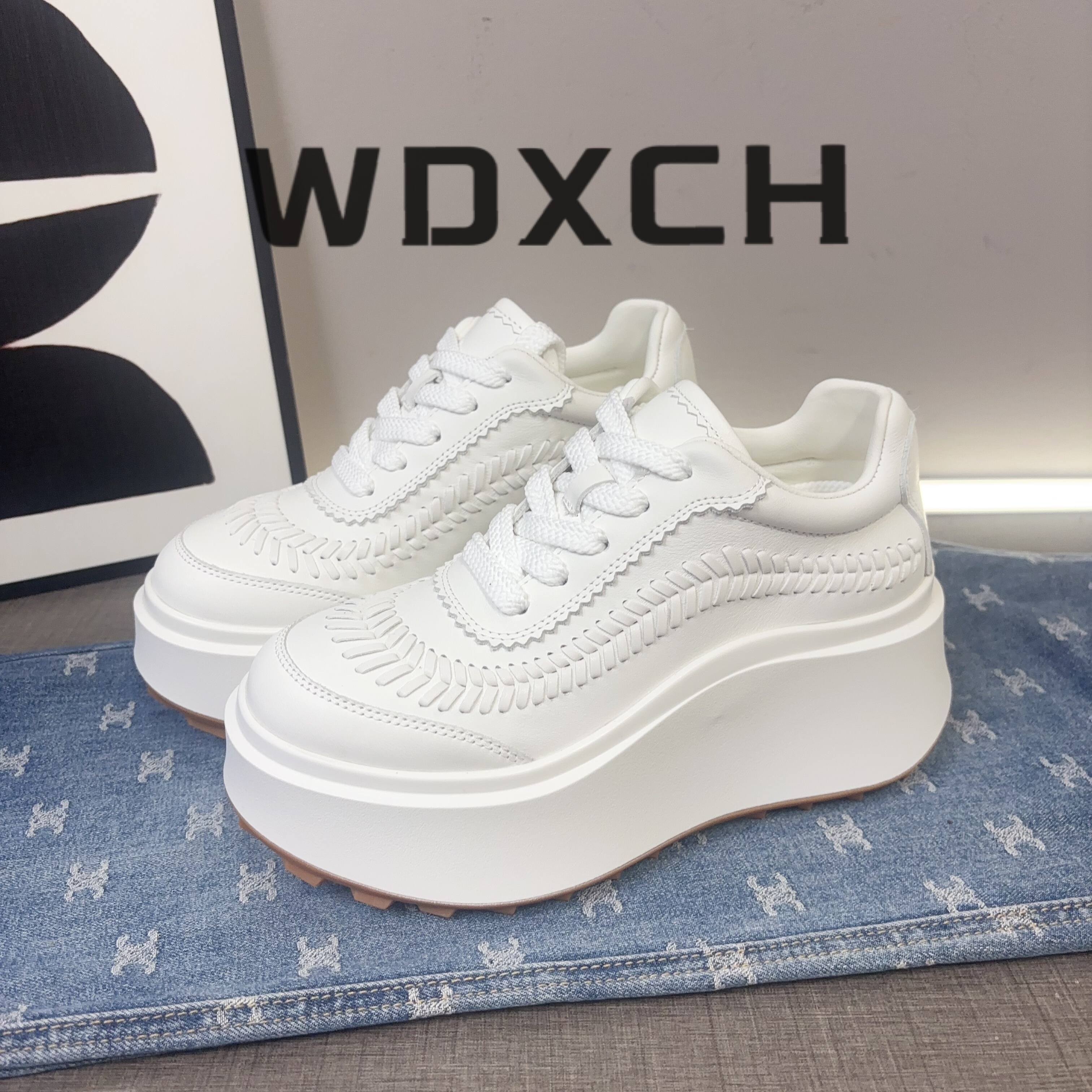 增高8cm女鞋2025新款真皮小白鞋小个子女生厚底编织休闲老爹鞋