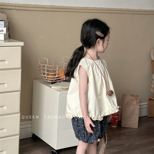 娃娃衫 2024夏季 新款 兒童女童不規(guī)則木耳邊無(wú)袖 寶寶洋氣背心上衣