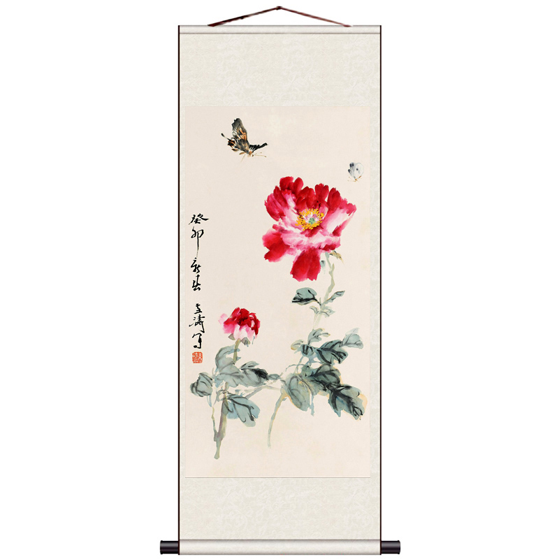 国色天香牡丹字画客厅我是装饰画玄关壁画定制丝绸画国画卷轴礼品