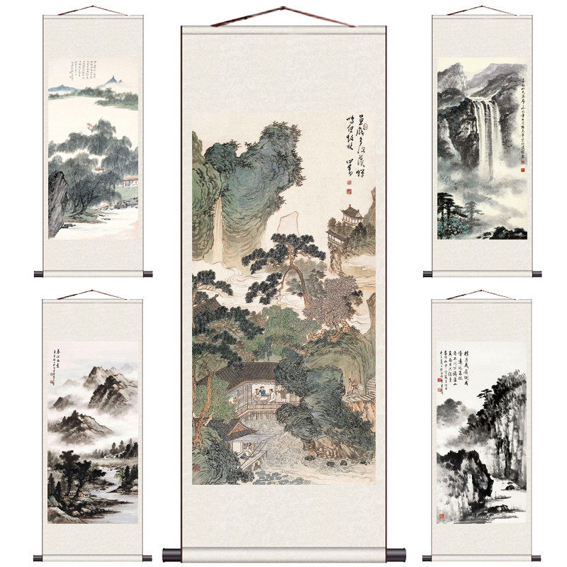 水墨山水画竹林七贤国画茶楼装饰国画泰山红日招财挂画西湖风景画