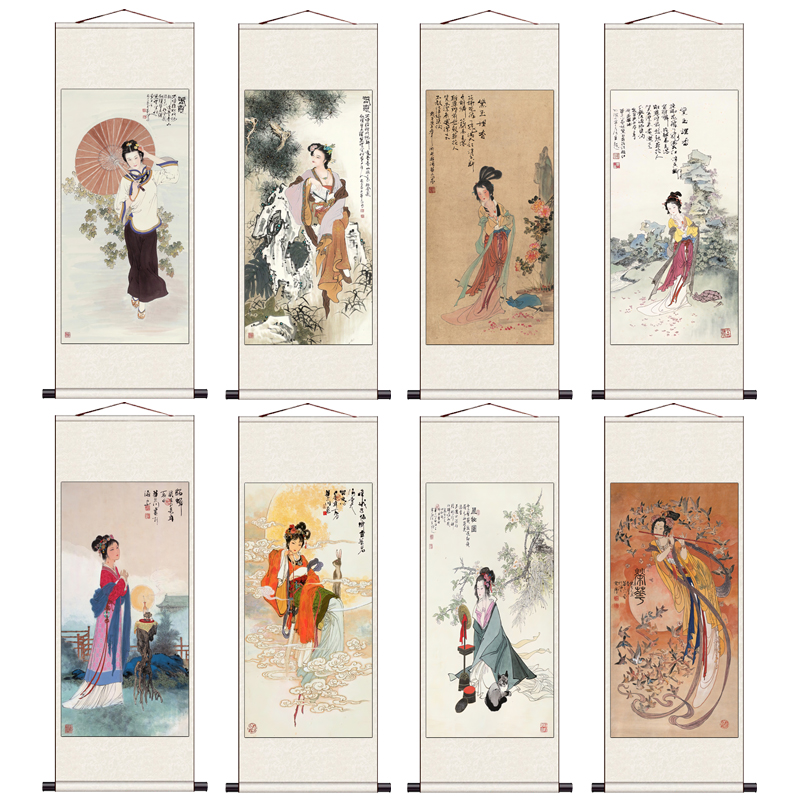 华三川仕女图美人画古典卷轴画装饰画丝绸字画茶楼玄关画酒店壁画