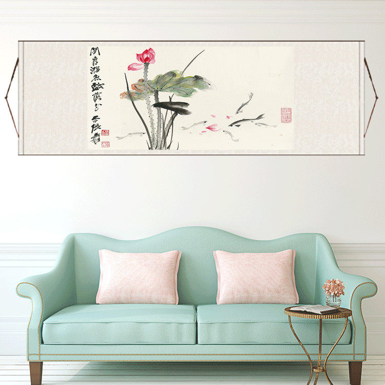 横幅花鸟画水墨挂画书房客厅装饰画荷花鱼戏图招财挂画丝绸卷轴画