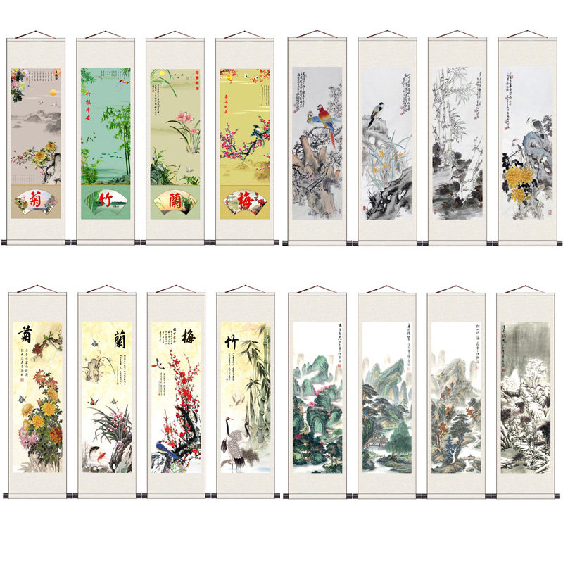 春夏秋冬梅兰竹菊简约齐白石花鸟古典茶楼酒店壁画装饰四条屏风水