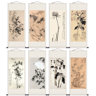 国画竹子翠鸟仿古卷轴画茶楼装 饰丝绸画挂画板桥竹字条幅名家字画