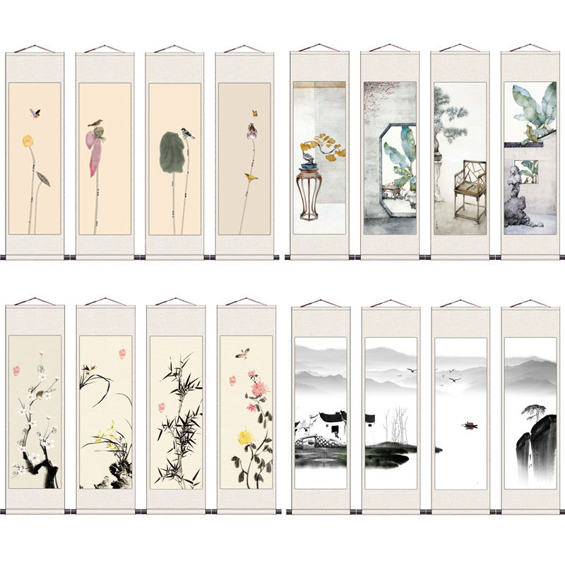 禅意花鸟山水四条屏卷轴挂画风水装饰画齐白石小鱼字画平安富贵画