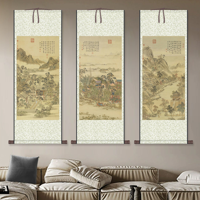 十二禁御图古典装饰画丝绸字画卷轴画条幅挂画酒店茶楼壁画山水画