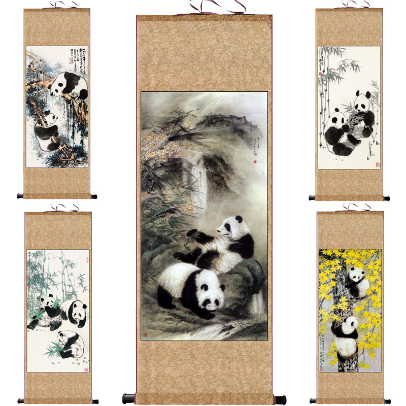 熊猫画国宝吉祥动物生肖挂画送老外礼品卷轴画酒店装饰画玄关字画