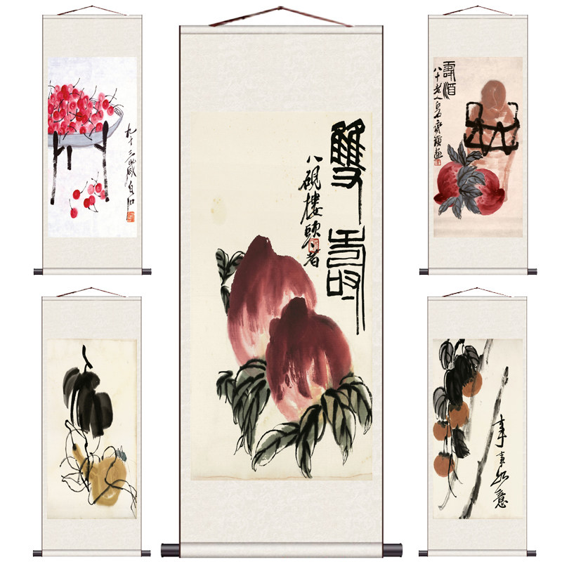竹笋琵琶瓜果蔬菜字画简雅装饰画齐白石花鸟字画卷轴礼品寿桃卷轴